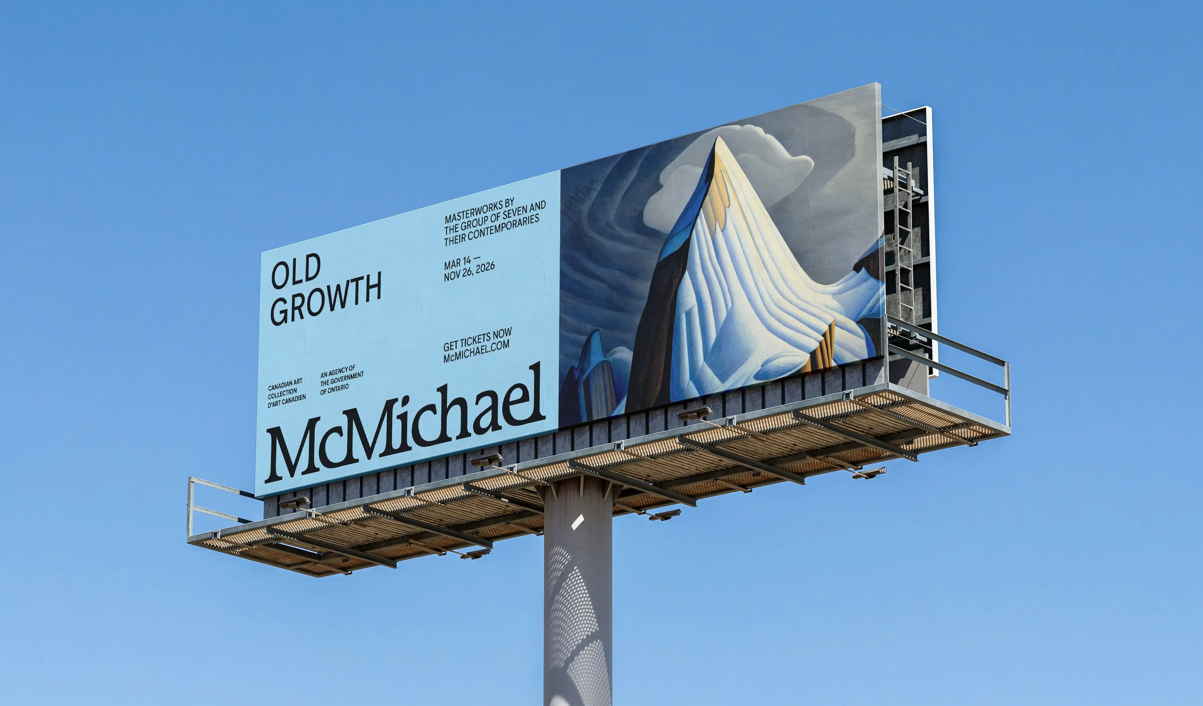 Branded billboard that features the McMichael logo, an image of a painting by the Group of Seven, and the words