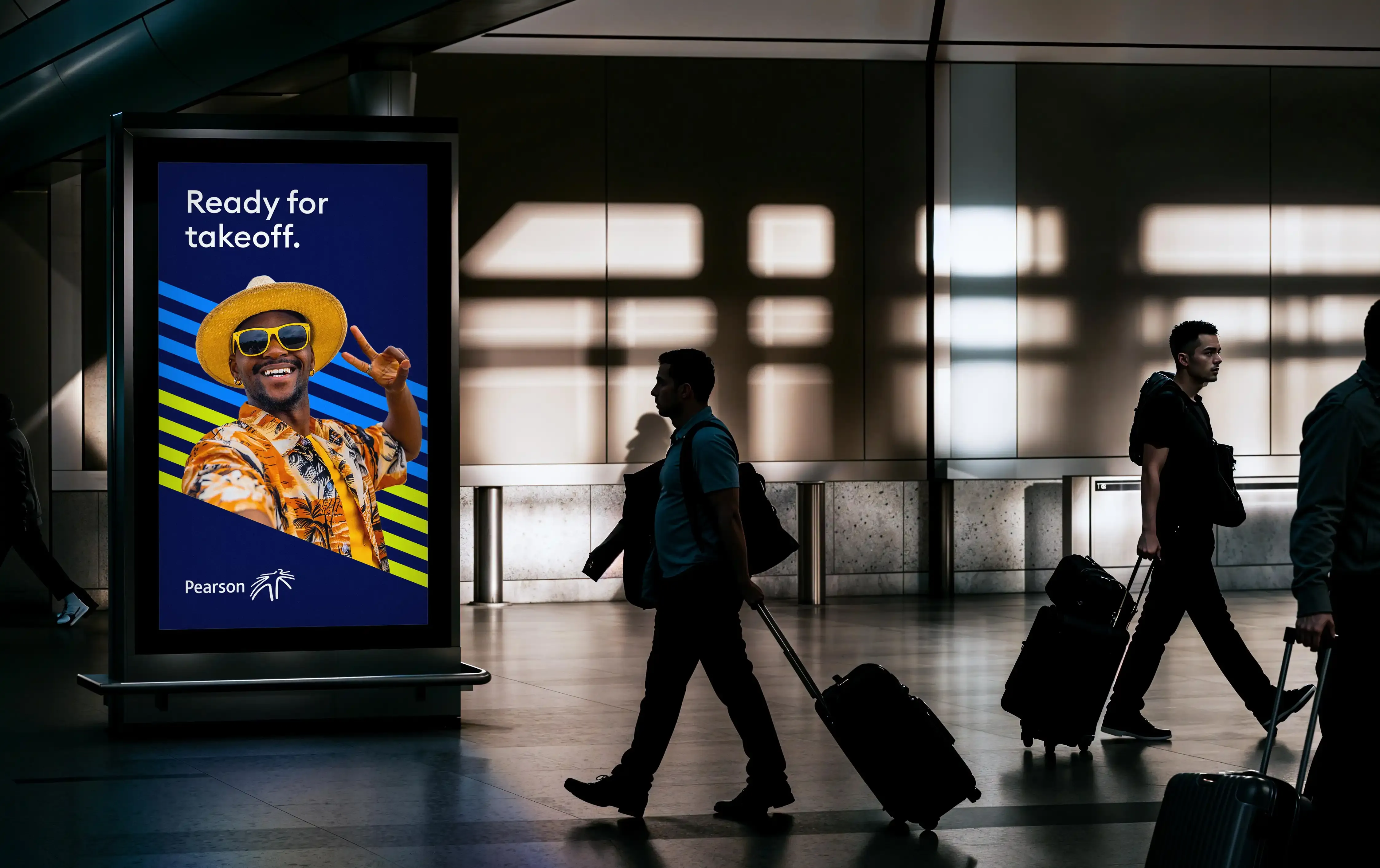 Toronto Pearson Airport branded poster with people walking by